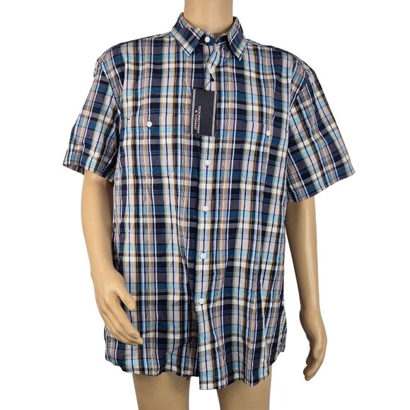 Roundtree Yorke Men's Size XL Short Sleeve  Button Up Deep Blue Plaid Shirt (12) - Picture 2 of 10